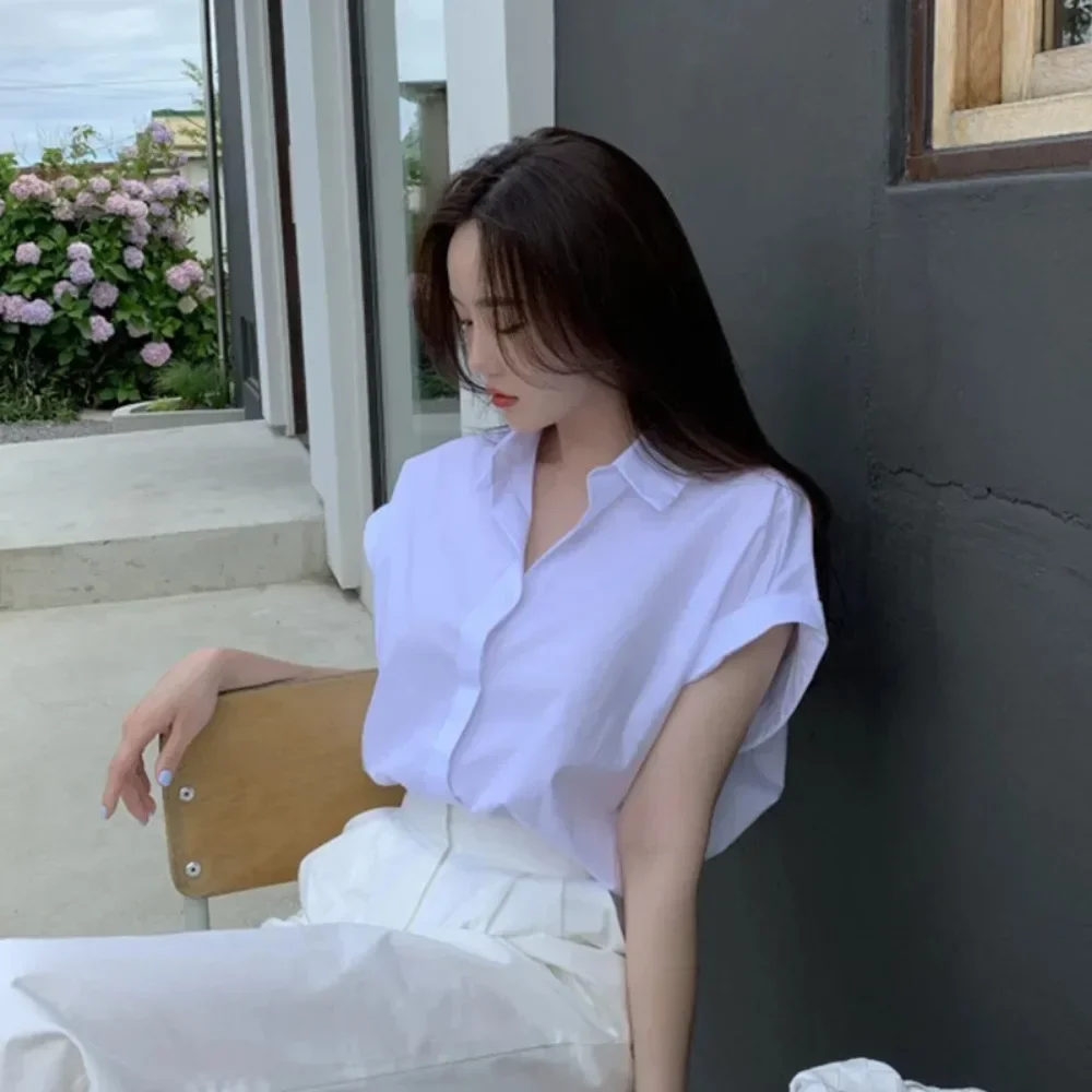 Korean White Shirt Chic Casual Design Sense Niche Blue Shirt Women Top French Sle White Polo Shirt Summer Girl Sweet Clothes