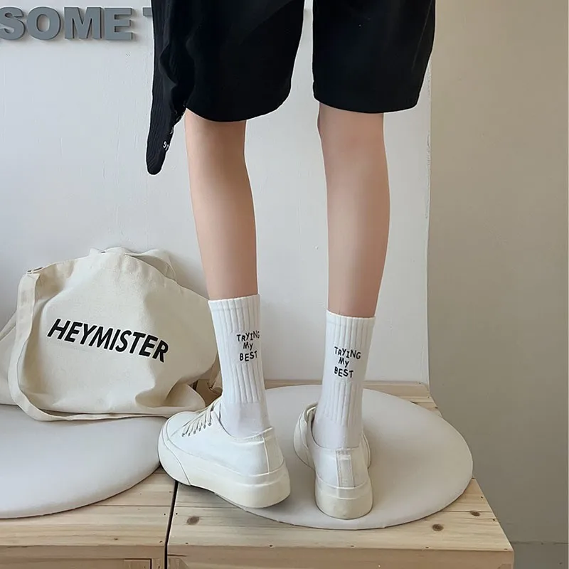 Women Letter Embroidered Cotton Crew Socks New Fashion Waistband Sports Series Trendy Street Style Ladies Socks I202