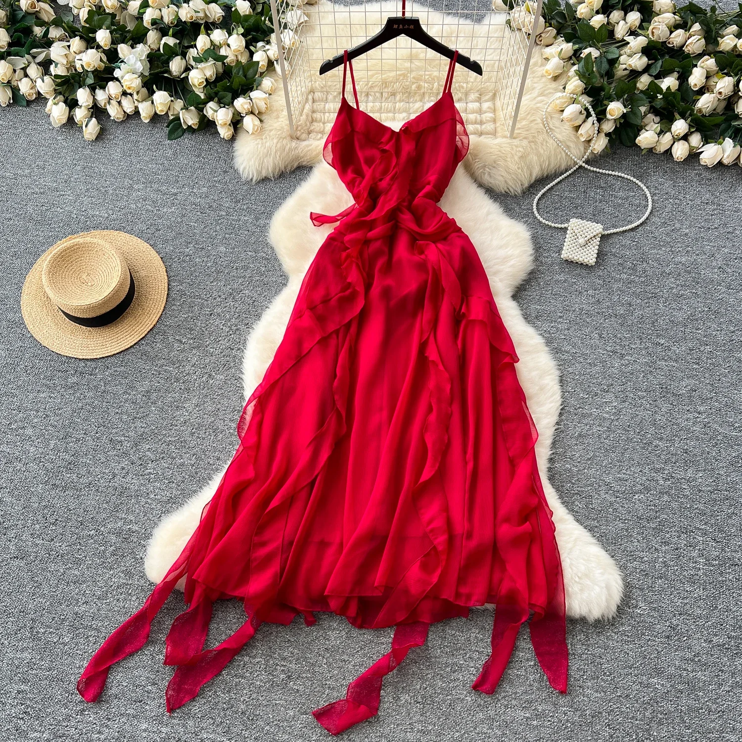 Elegant Sleeveless Sexy Straps Chic Ruffle Spliced Slim Asymmetrical Fairycore Long Dresses French Vacation High Street Clothing