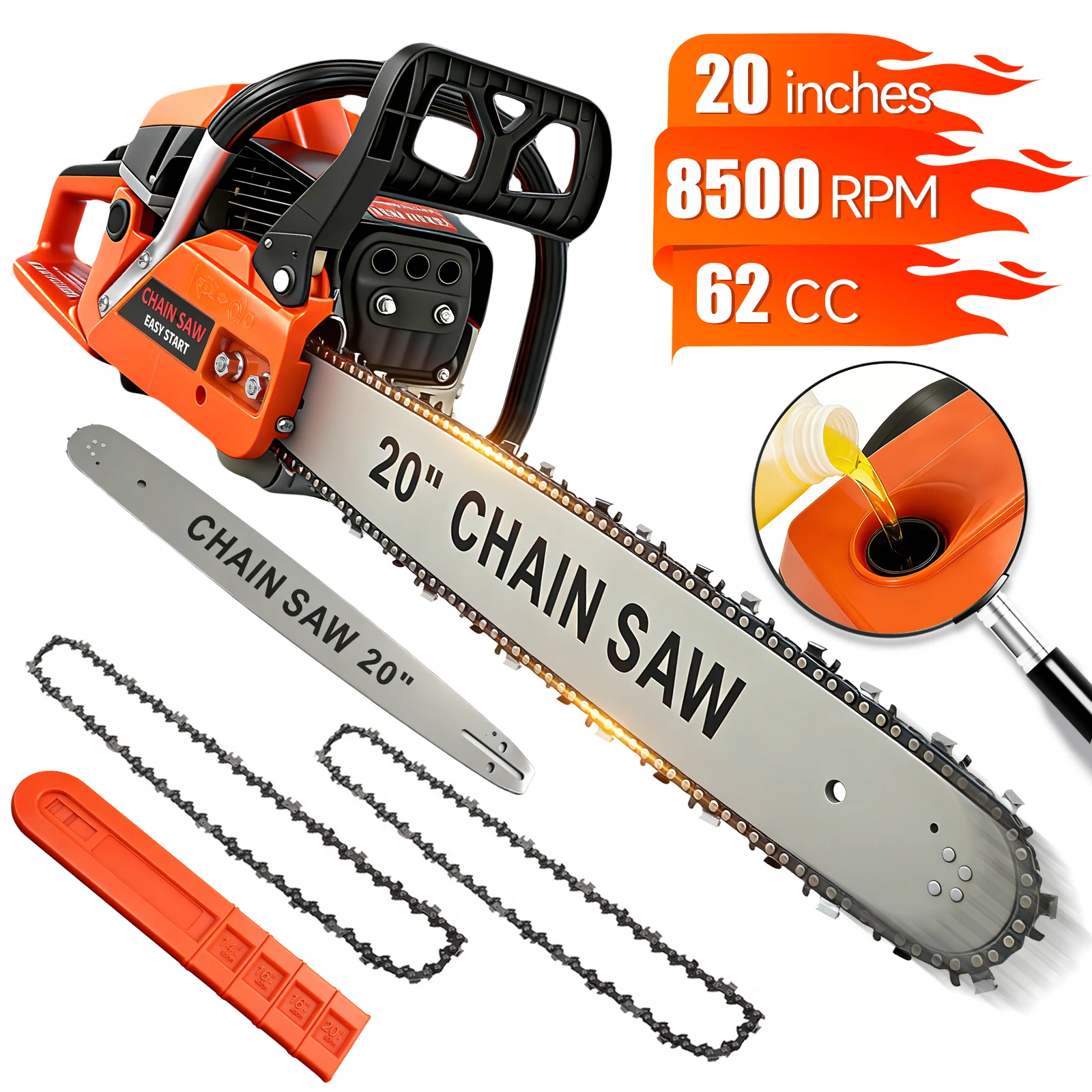 62CC 20-Inch Cordless Gasoline Chainsaw 8500rpm 2-Stroke 3.4hp Hand-Held for Farm/Garden/Ranch/Heavy-Duty Wood Cutting