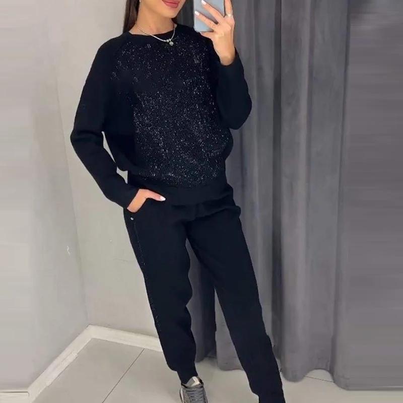 Casual Patchwork Sequin 2 Piece Set Casual Women O-neck Long Sleeve Top and Drawstring Pants Suits Fashion Loose Office Outfits