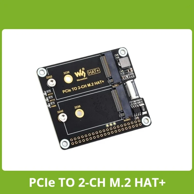 Waveshare PCIe To 2-ch M.2 Adapter, Compatible with 2230/2242 Size NVMe Solid State Drive, Raspberry Pi 5 M.2 HAT