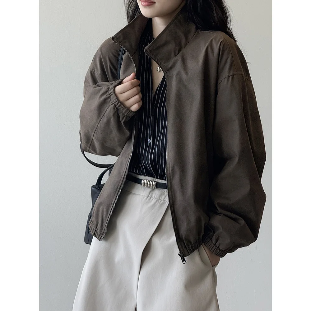

Stand Collar Cargo Jacket For Women Autumn Loose Casual Short Zipper Jacket Top