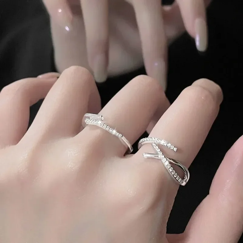 Stainless Steel Exquisite Line Double Layer Couple Opening Rings for Women Men Classic High Quality Zircon Jewelry Colorfast