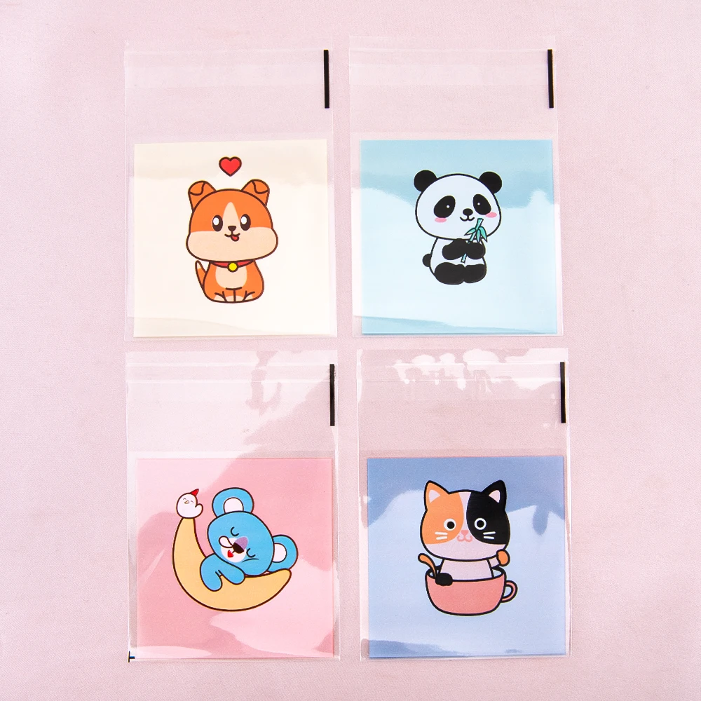 

50pcs 7x7cm Cute Little Panda And Cat Printed Self-sealing Bag Transparent Cartoon Plastic Opp Bag Festival Gift Small Bags