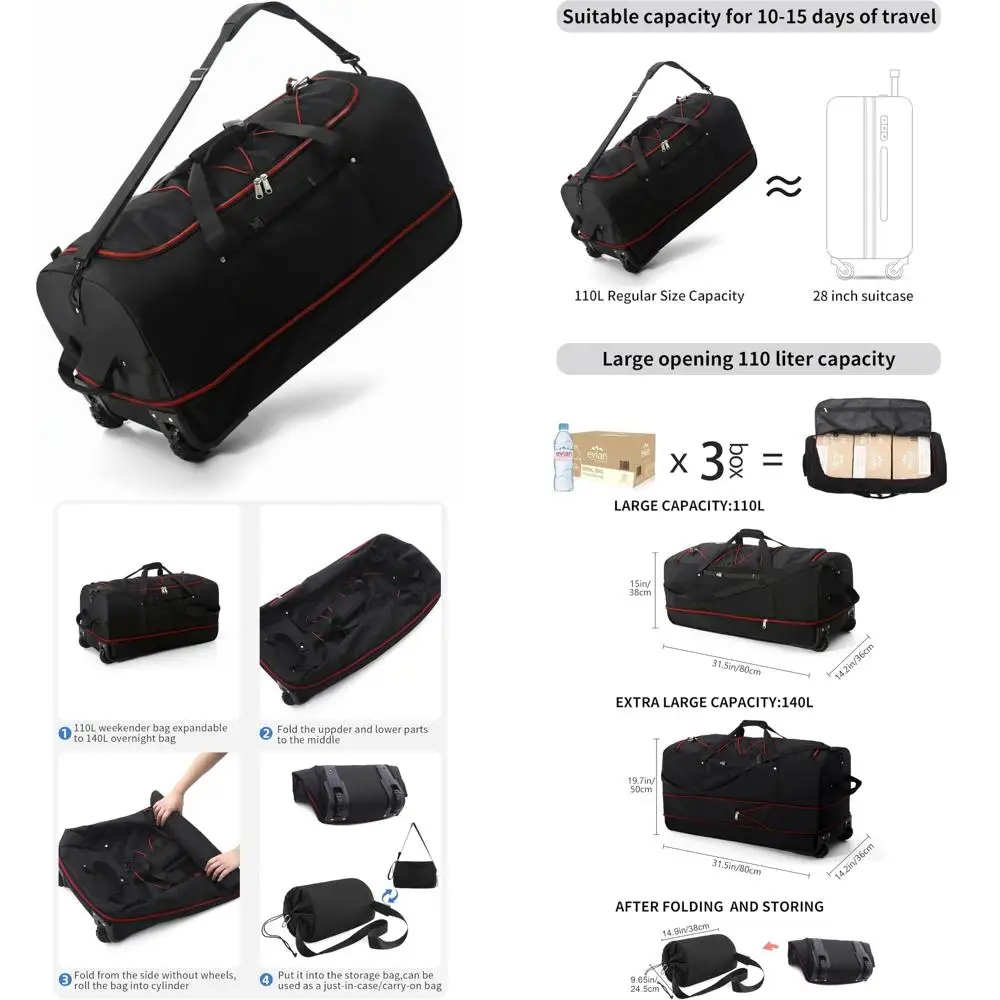 32 حقيبة سفر ذات عجلات ناعمة قابلة للطي، حقيبة شحن دوارة قابلة للتوسيع من 110 لتر إلى 140 لتر مع عجلتين وجيوب متعددة1 (