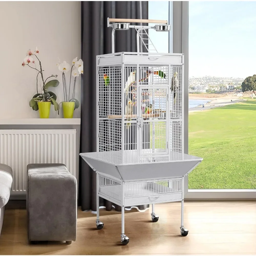 Play Top Large Aviary with Stand for Cockatiel Parrot Sun Parakeet Conures Lovebird Budgie Finch African Grey White, 61-inch