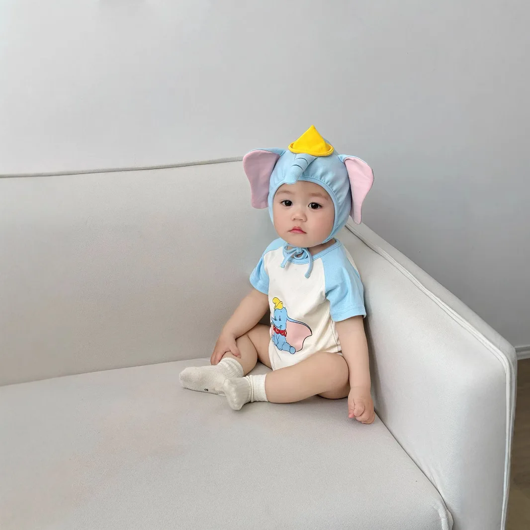 Onesie Bayi Gambar Gajah 3D dengan Set Topi Baju Monyet Lengan Pendek Pakaian Bodysuit Bayi Baru Lahir Pakaian Musim Panas Kostum Hewan Lucu