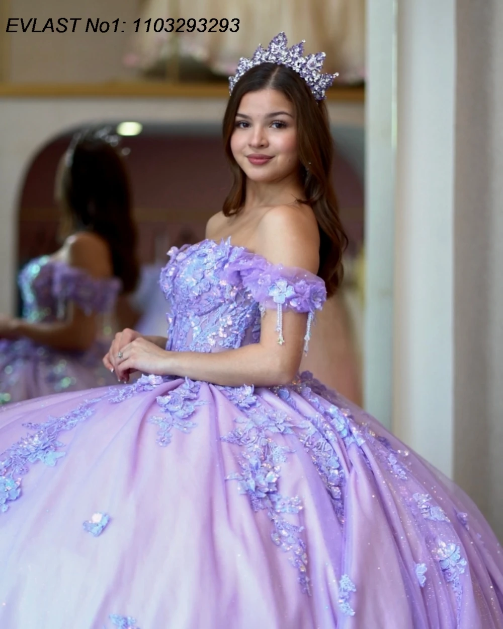 

EVLAST Customized Princess Lilac Ball Gown Quinceanera Dress Floral Applique Beaded Corset Sweet 16 Vestidos De 15 Anos E1Q822