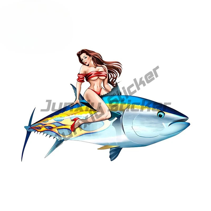 Pin Up Girl Sitting on Tuna Car Sticker Bikini Woman Retro Fish Tackle Box Decal Waterproof Toolbox Car Accessories view 3