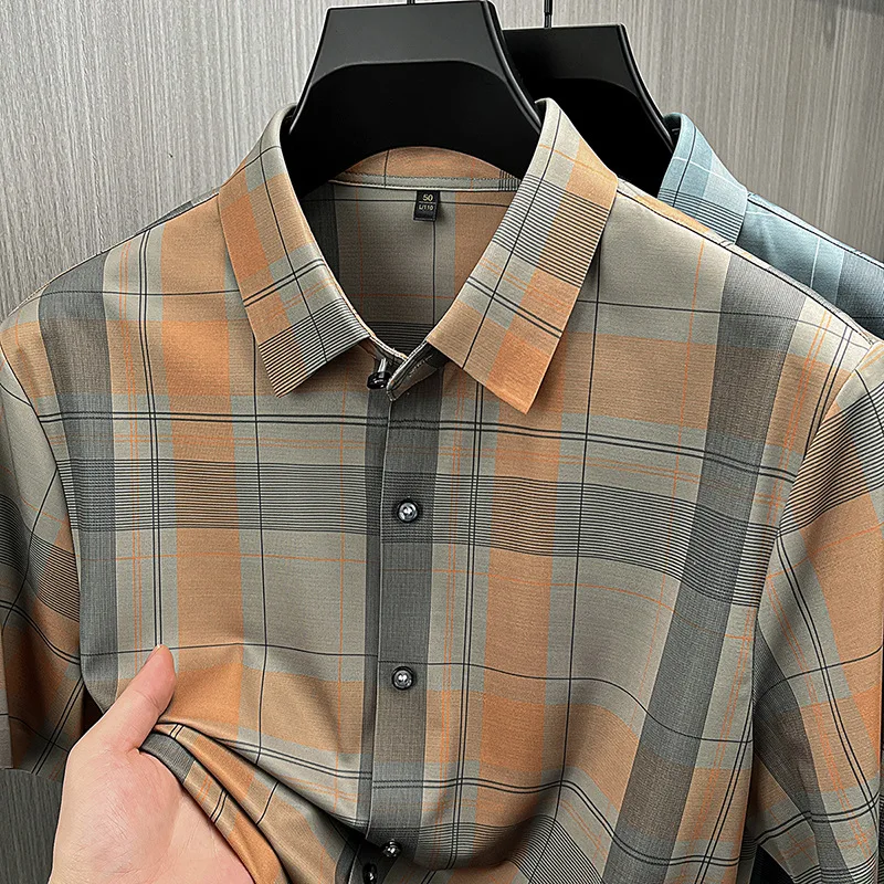 Linen Men's Shirt New Fashion Plaid Short-sleeved Shirt Lapel Linen Shirt Men's