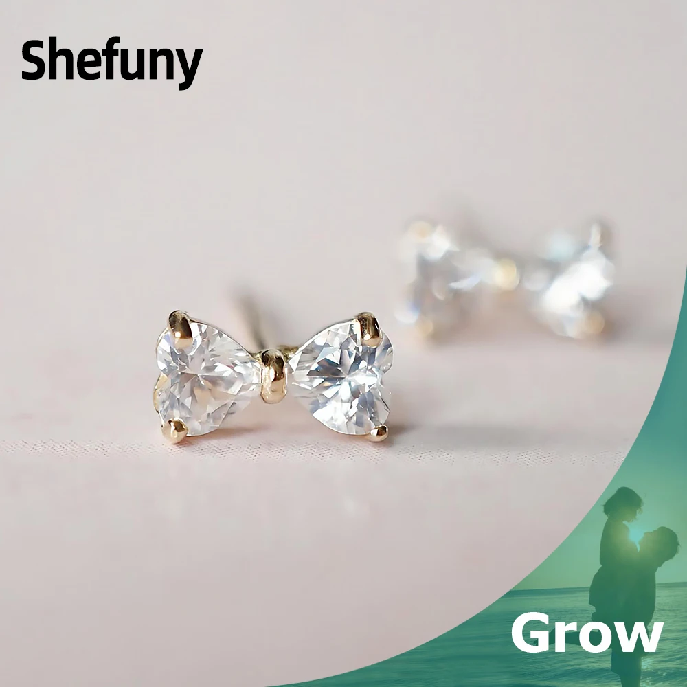 

Shefuny New 925 Sterling Silver Bow Stud Earrings Luxury Gold Color Clear Zirconia Geometry Earrings For Women Fine Jewelry Gift