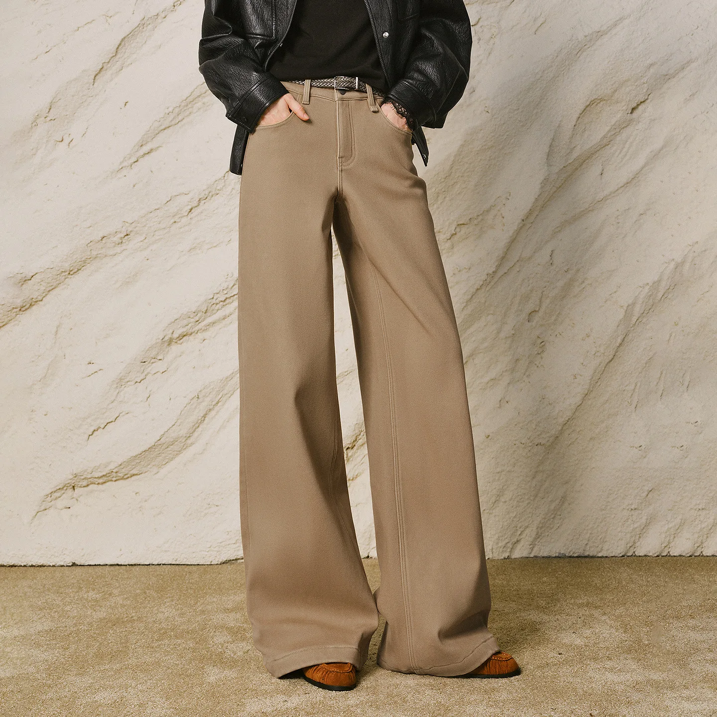 TOYOUTH Women Jeans 2026 Winter New Fleece Lined Wide Leg Mid Rise Simple Chocolate Brown Commuter Long Pants
