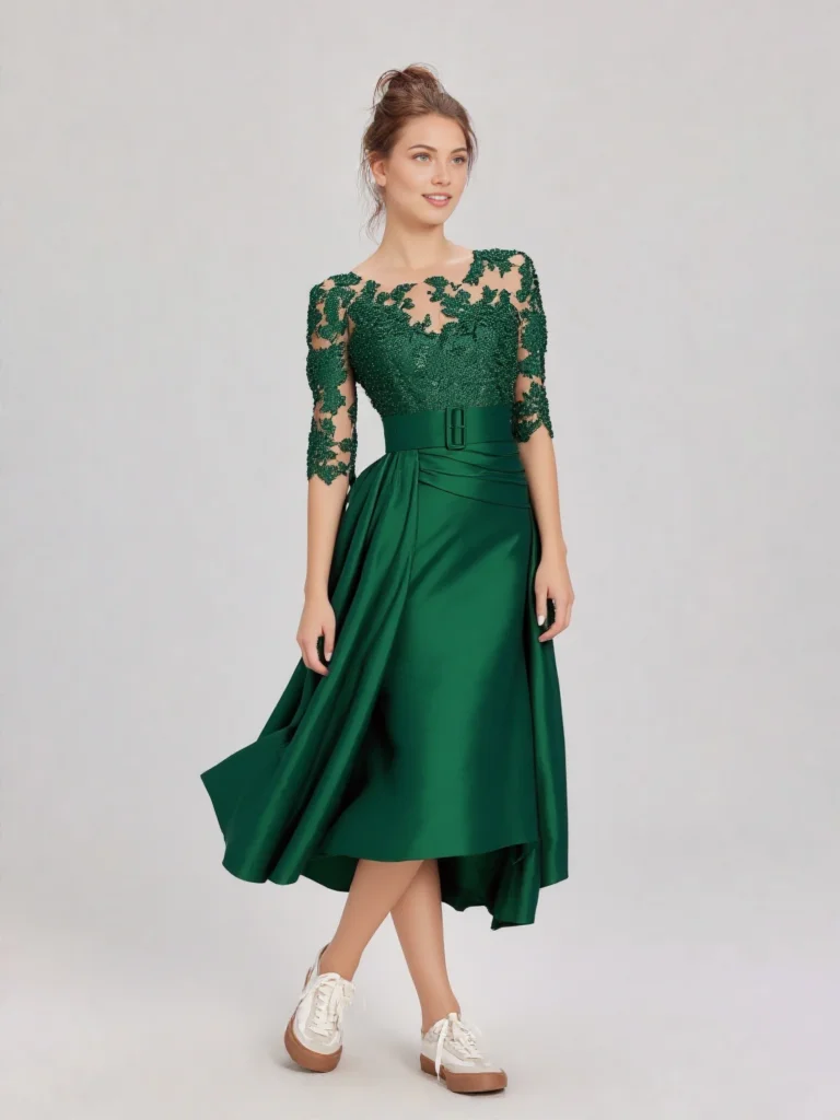 

Emeral Green Satin Mother of the Bride Dress for Wedding lower leg Formal Party Dress Short Ruffle garden Neck CocktailGown