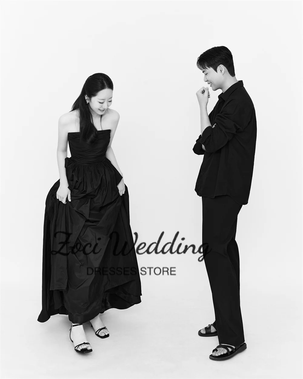 Zoci Simple Black Korea Evening Dresses Photos Shoot Customized Sleeveless A Line Sweep Train Taffeta Wedding Dress Bridal Gown