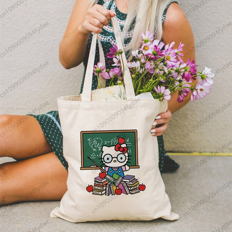 Sanrio Hello Kitty Teacher Graphic Handbags Fashion Handbag Canvas Bag Tote Ladies Casual Shoulder Bag Reusable Shopping Bags