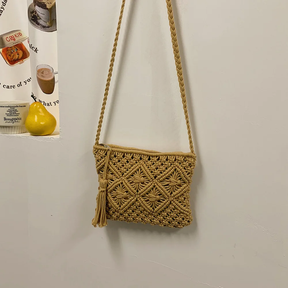 Handmade Cotton Woven Knitted Tassel Crossbody Bag Vintage Shoulder Messenger Bag Female Fashion Beach Summer Handbags for Women