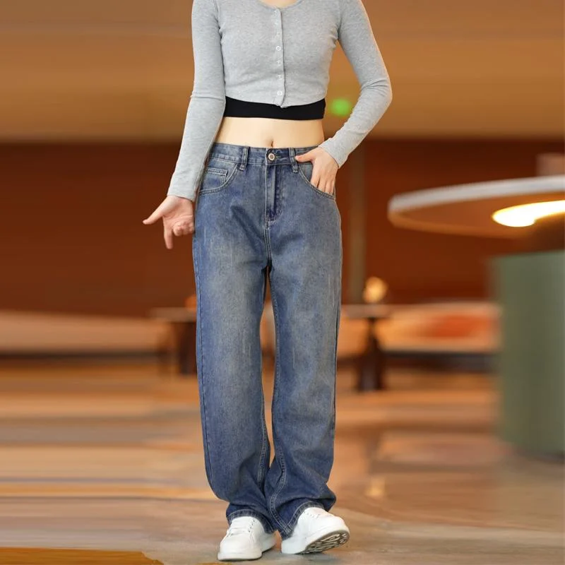 

Retro High Street Fce Lined Straight Leg Men's Jeans Faionable Wide Leg Casual Cotton Denim Pants Autumn Wear