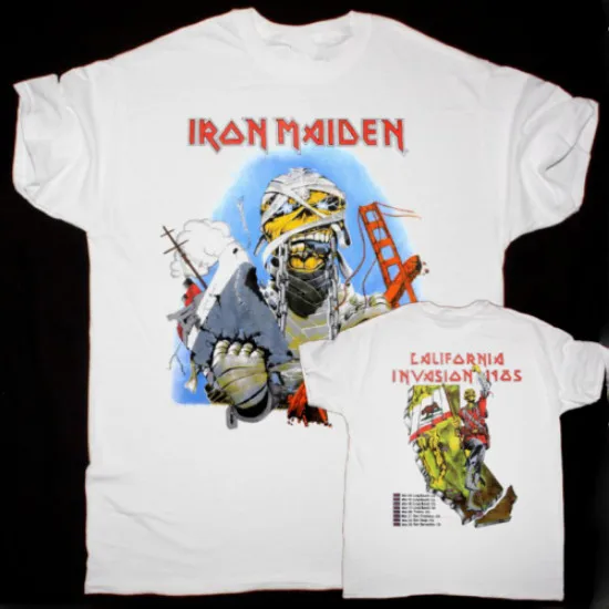 Camiseta de la gira de invasión de California de Iron Maiden, camiseta blanca nueva de doble cara para gira de conciertos, camiseta gráfica de banda Merch Unisex