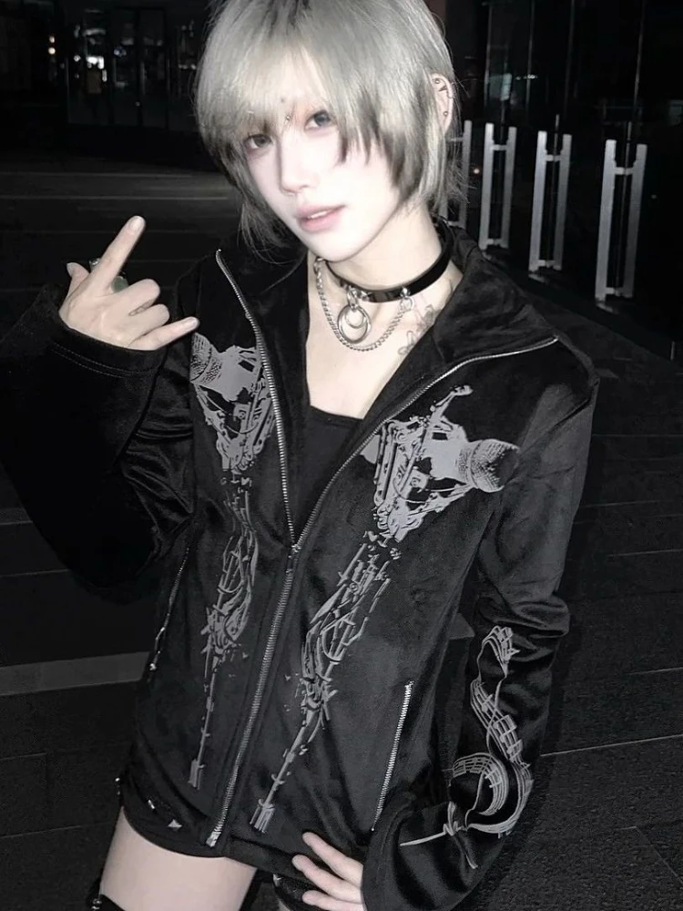 

Черная винтажная толстовка с капюшоном в стиле субкультуры на Хэллоуин, свободная куртка на молнии с принтом в стиле High Street, американский винтажный готический стиль одежды