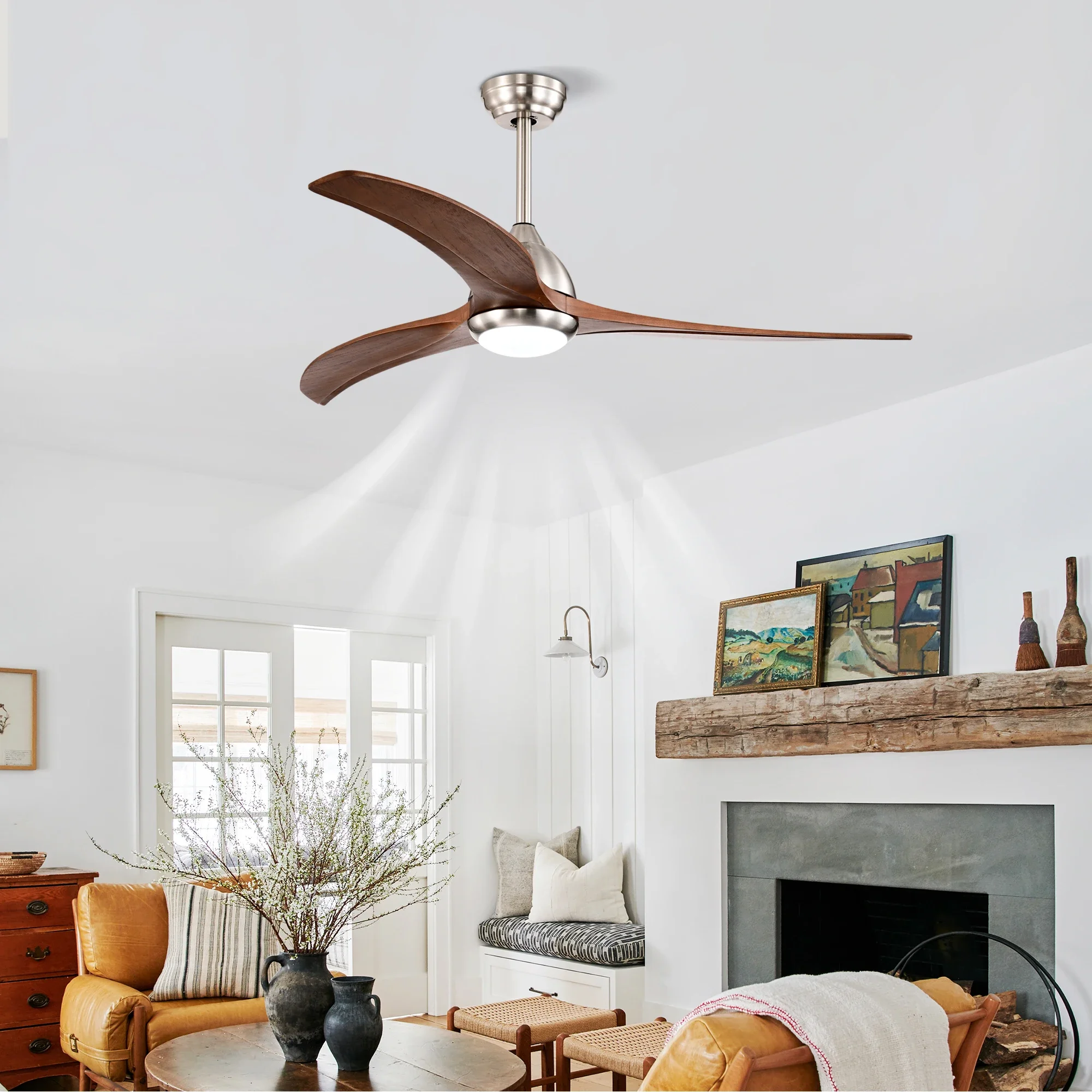 

52" Solid Wood Blades Ceiling Fan With Light with Remote Control, Noiseless Reversible Motor, 6 Speed ,3 Color, for Living Room