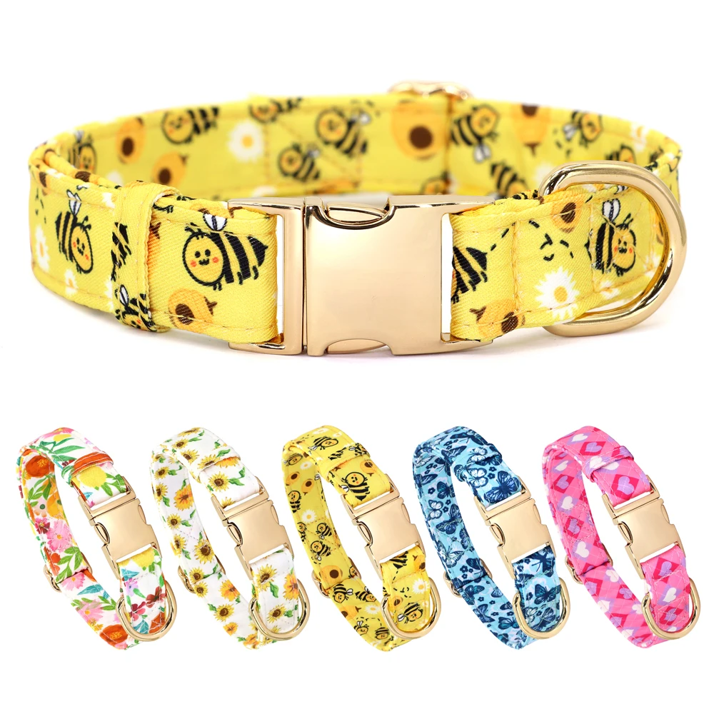 

Spring Flower Dog Collar Adjustable Nylon Pet Dog Collar Metal Buckle Flower Bee Print For Small Medium Large Dogs S M L