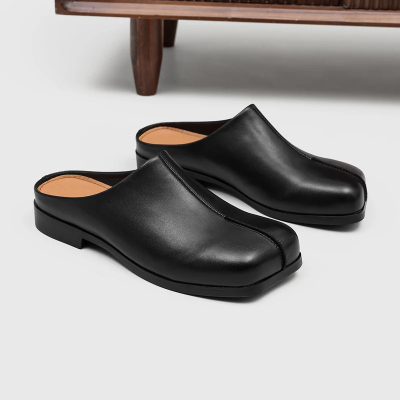 Brand Fashion Men Split-Toe Mule Shoes Black No Heel European Casual One-Piece Slip-On Business Sandals Social Shoes Men