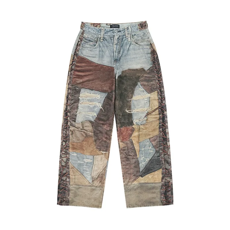 2024 autumn and winter new stitching ripped jeans