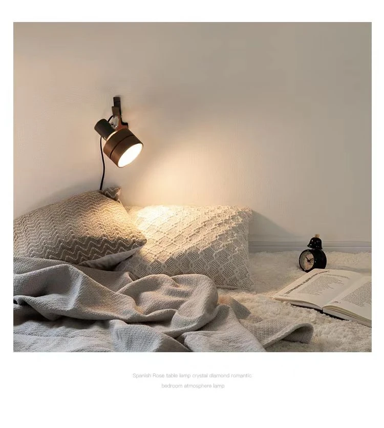 Swing Arm Clip Wall Lamp, Retro Japanese Solid Wood Sconce with Plug Cable, LED Reading Light for Bookshelf Bedside Office Table
