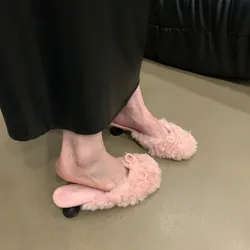 Slippers Casual Shoes Woman 2024 Pink Slides Shallow Butterfly-Knot Med Cover Toe Fur Flip Flops Pantofle Luxury Plush New Butte