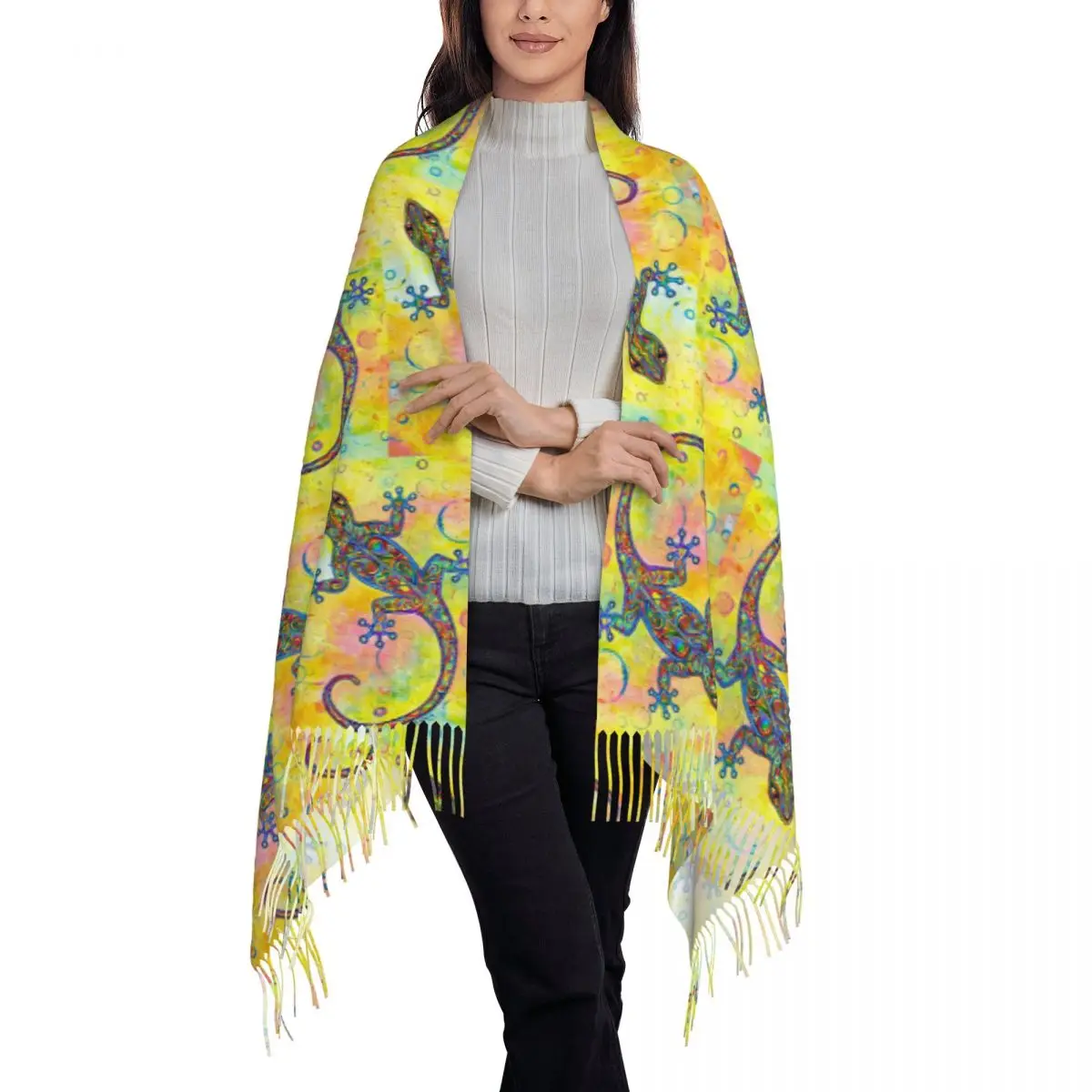 Ethnic Tribal Lizard Salamander Scarf Tassel Scarves Women Soft Warm Shawls and Wraps Long Fall Winter Shawl Wrap