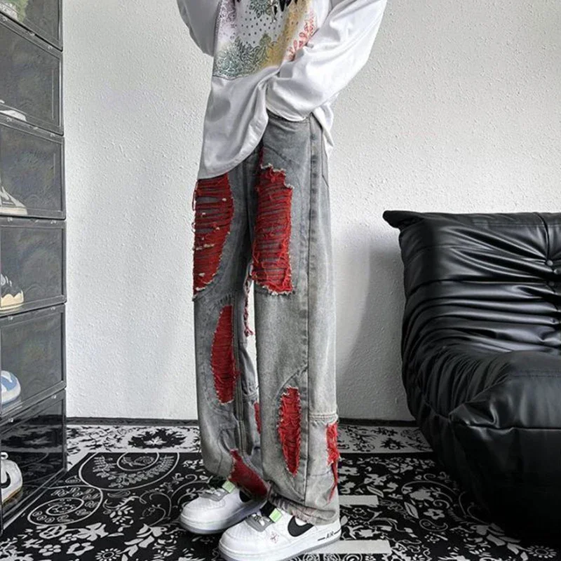 

MEXZT Hip Hop Hole Jeans Women High Waist Baggy Straight Denim Pants Bf Couple Streetwear Harajuku Ripped Wide Leg Trousers