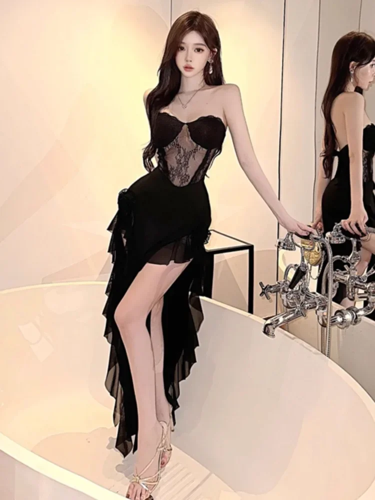 Women Dress Sexy Patchwork Mesh Strapless Irregular Waist Ruffled Split Black Dresses 2024 Fashion Night Party Vestidos