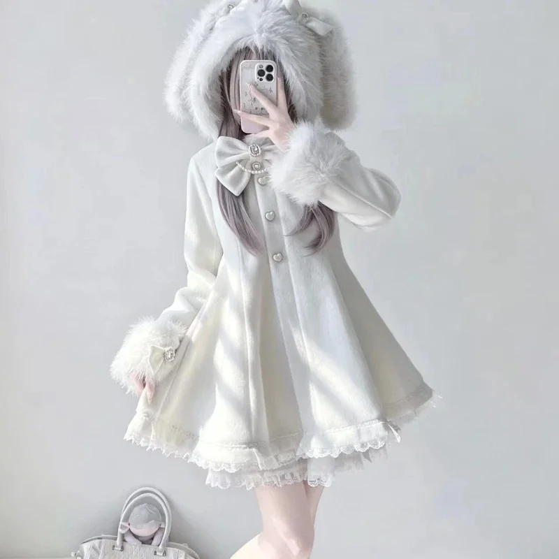 Winter Japanese Lolita Style Woolen Coat Women Elegant Sweet Faux Fur Rabbit Ear Hooded Jackets Y2k Warm Overcoat Chaqueta Mujer