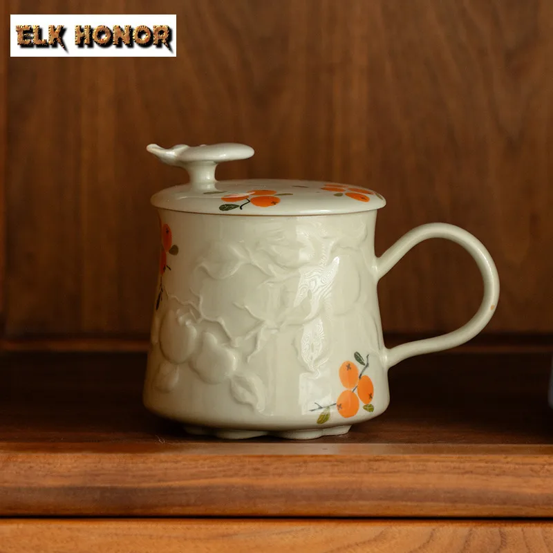 

370 мл рельефная рельефная резьба по пеплу, ручная роспись, кофейная кружка с хурмой, кружка для латте, кружка для послеобеденного чая, офисная чашка для воды, чайные предметы