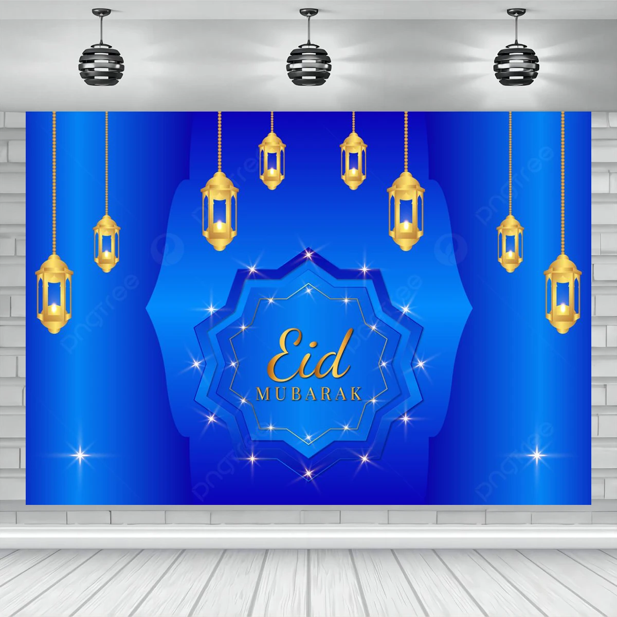 

Fabric Muslim Ramadan Kareem Backdrop Mosque Silhouette Golden Arch Moon Stars Lanterns Islamic Background Eid Mubarak Holiday