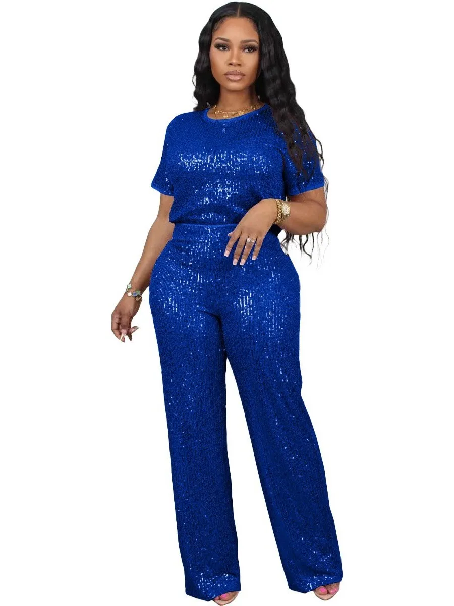 Pantaloni lunghi da donna con paillettes ort Sve Set Bright iny Pantaloni casual a gamba dritta a vita media bassa in tessuto PVC Colore puro