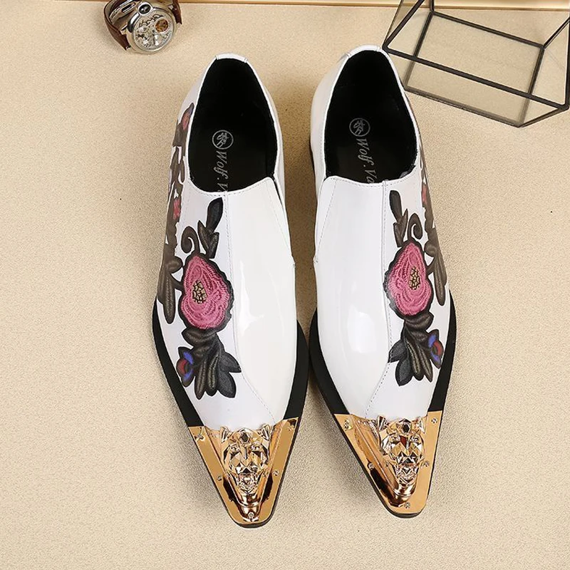 White Men Shoes Print Design Genuine Leather Pointy Metal Toe Block Fashion Slip On Business Office Dress Party Leather Shoes