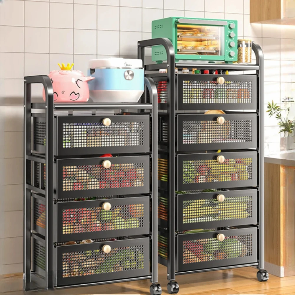 Multi-Layer Floor Standing Kitchen Storage Shelves Trolley Drawer Shelf Vegetable Basket Rolling Cart Kitchen Trolley Storage