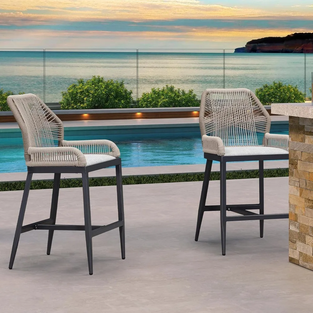 

2 Pieces Counter Height Bar Stools Patio Boho Rattan Barstools Aluminum Woven Bar Chairs with Cushions for Outdoor Kitchen
