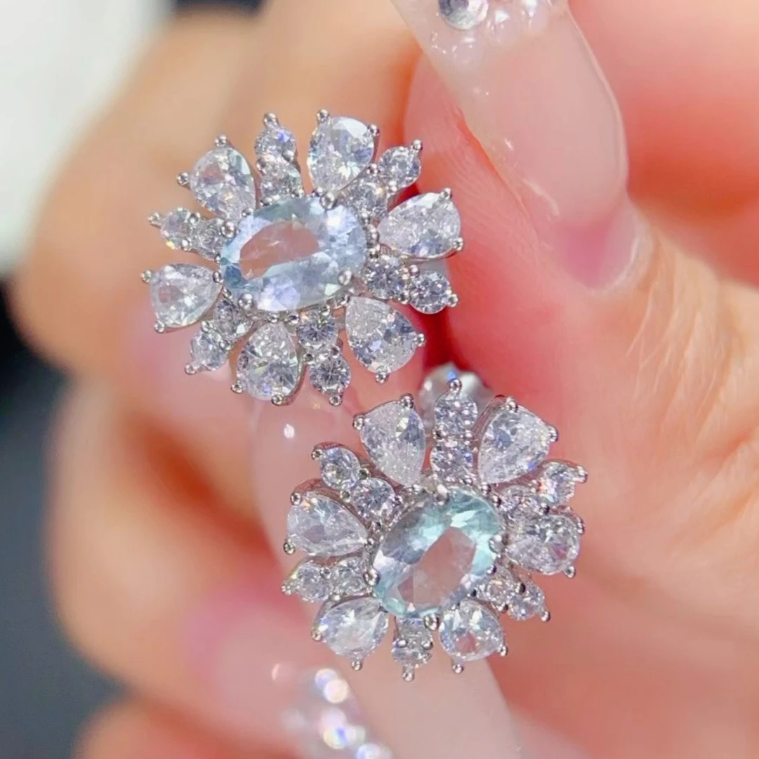 

Dazzling 925 Silver Stud Earrings 5mm*7mm Natural Aquamarine Jewelry with Certificate Allergy Free Silver Earrings