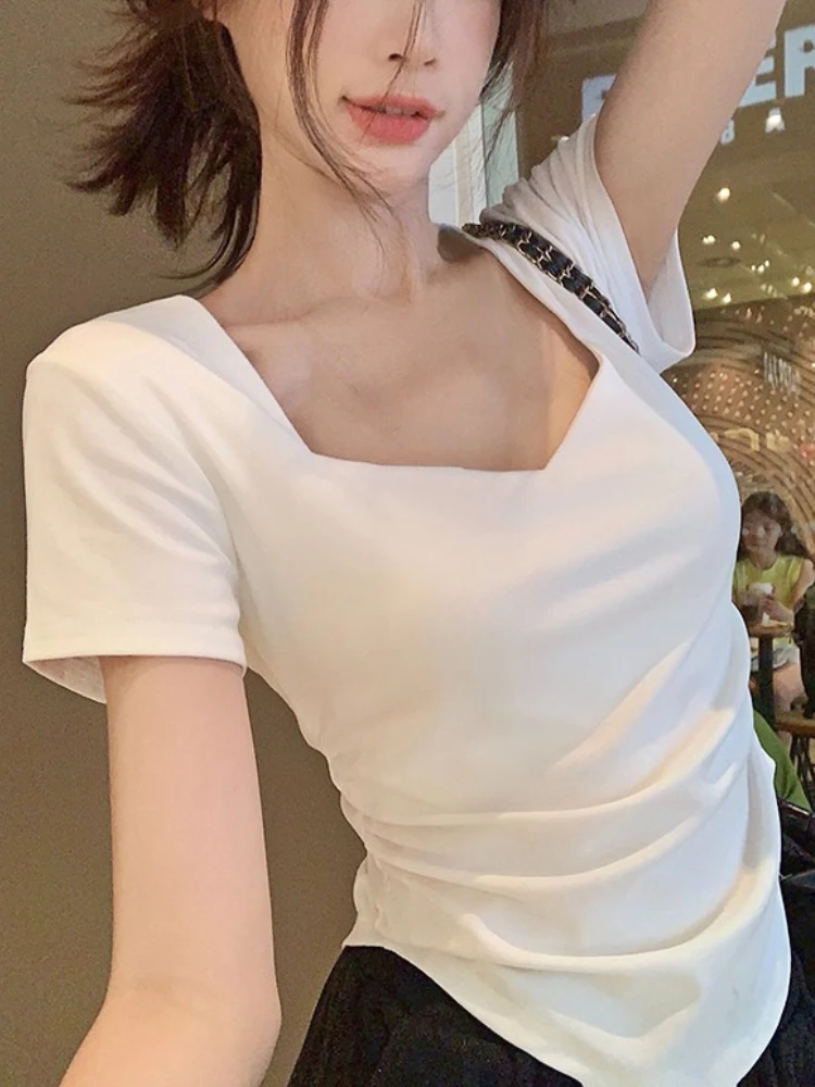 Summer Coffee Designer Elegant Blouse Women Ruffled Korean Fashion Slim Tops Female Asymmetric Vintage Casual Blouse 2023 New