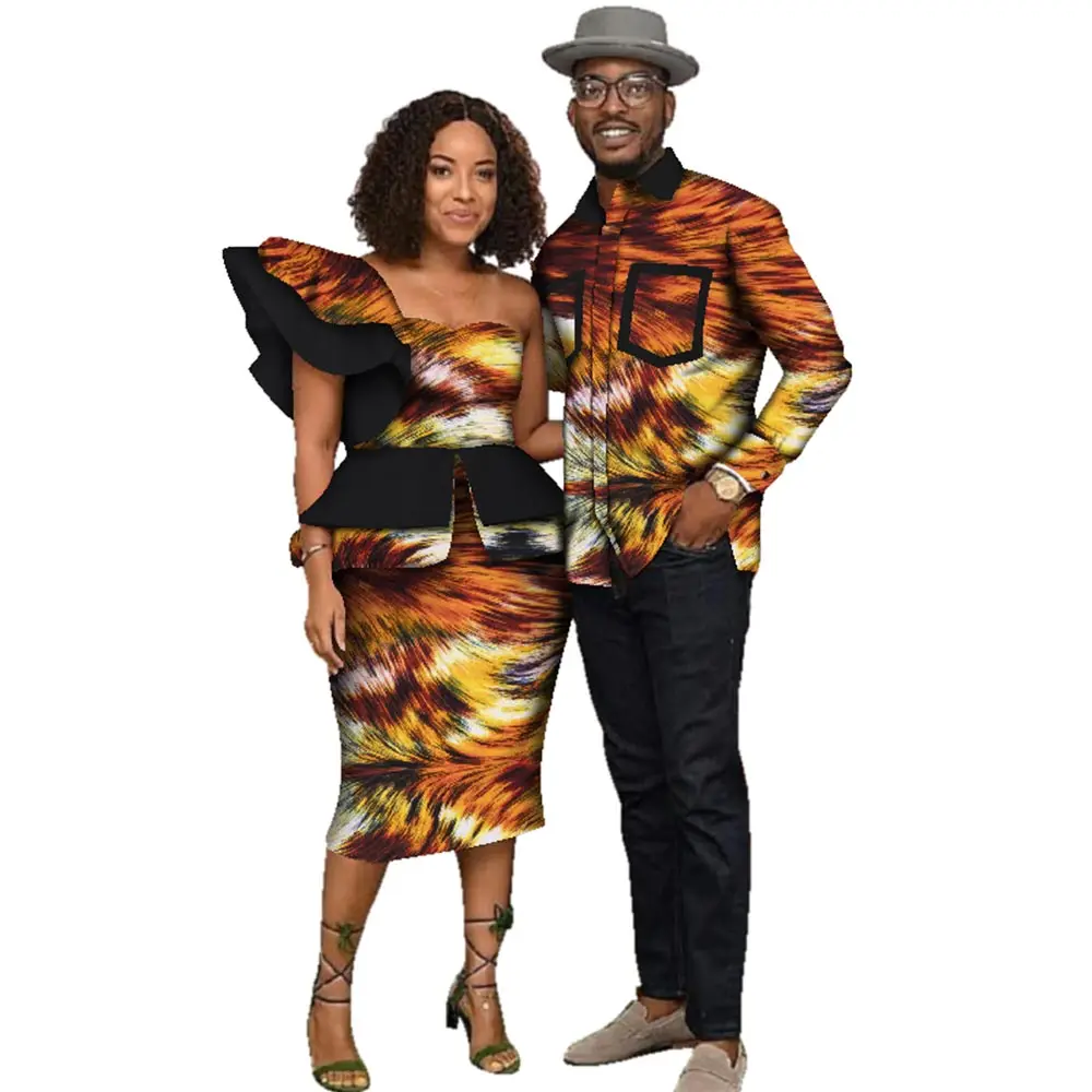 

African Clothes for Men Women African Print Couple Clothing Long Sleeve Shirt One-Shoulder Skirts Dress Set WYQ135