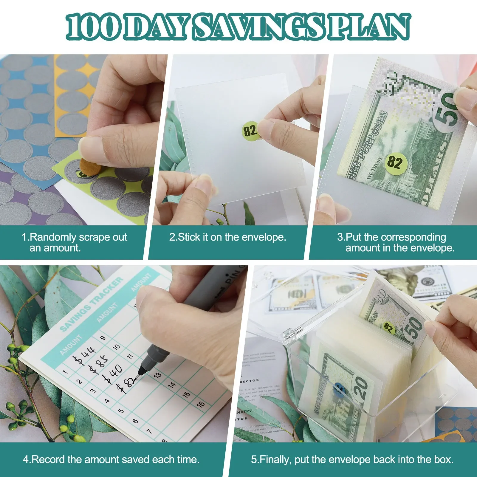 5pcs 52 Week 100 Day Savings Challenge Savings PP Bag Cash Budget Envelope Money Saving Stickers Accessories