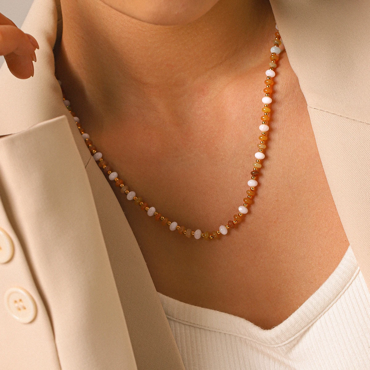 

Natural Stone Round Beaded Necklace 18K Gold Plated Stainless Steel Boho Necklace For Women Vacation Party Birthday Gift Jewelry
