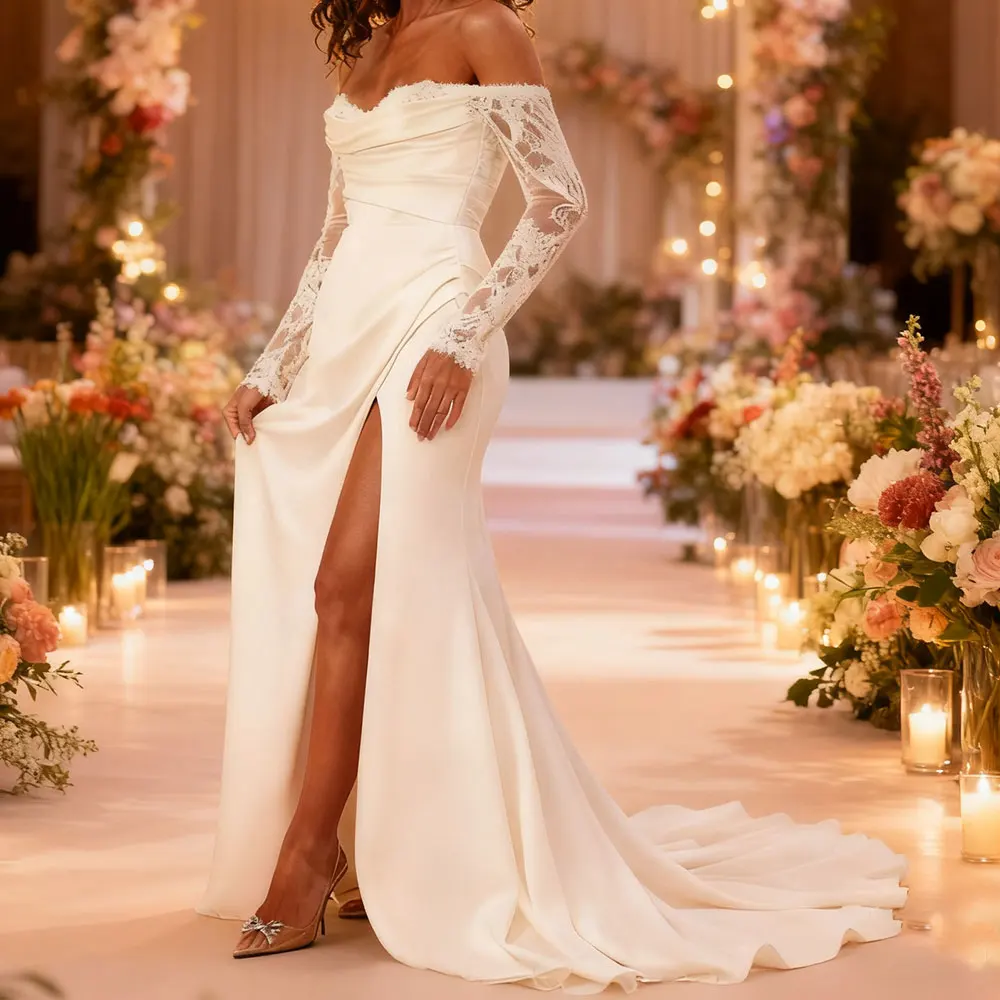 Eleganckie satynowe suknie ślubne typu syrena z koronką dla panny młodej, z długim rękawem, Vestidos Novia, plażowe suknie ślubne z dekoltem w serduszko i trenem.