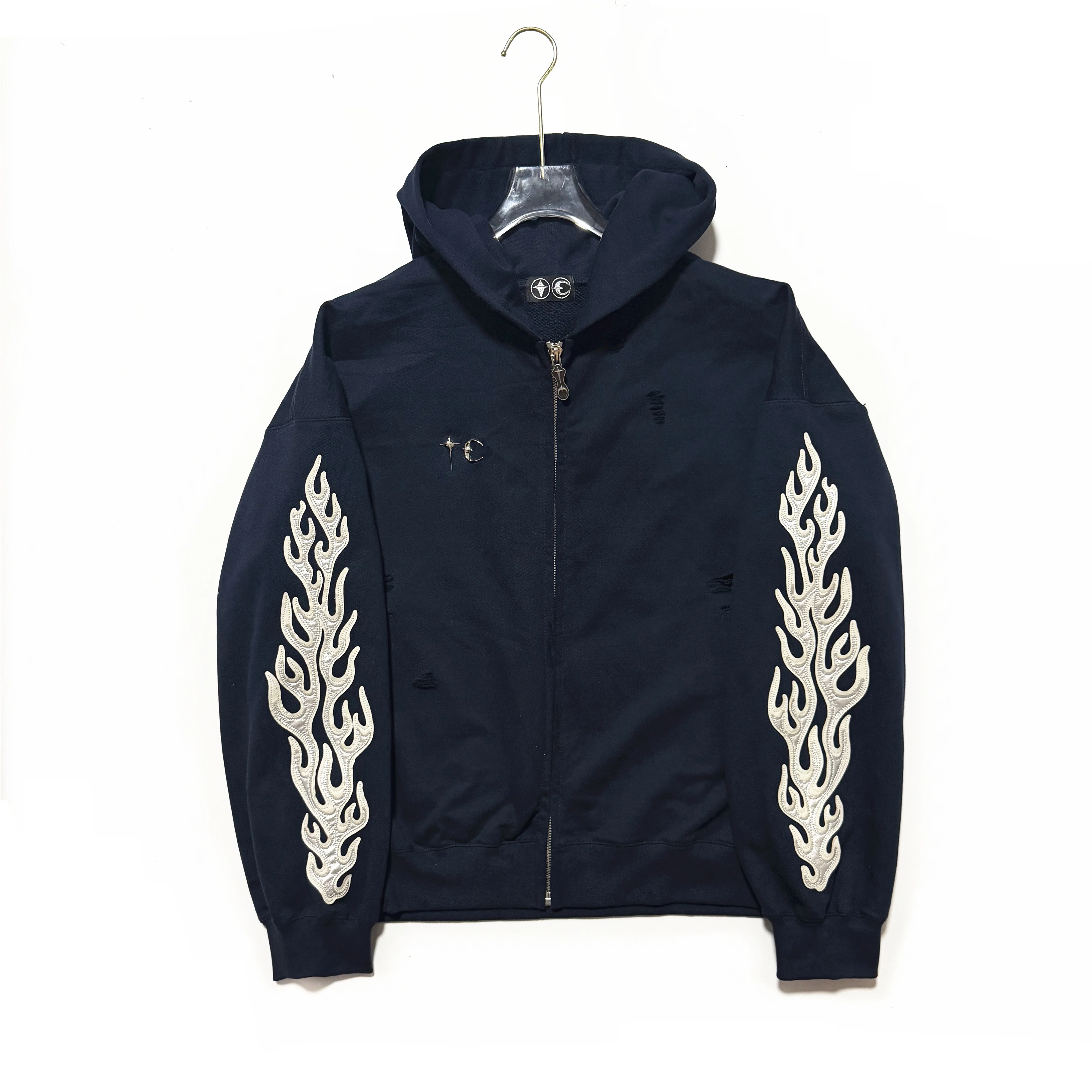 Heavy Duty Sweatshirt Jacket with Embroidered Letters And Hole Cutting Destructed Fabric Cotton Polyester for Men And Women