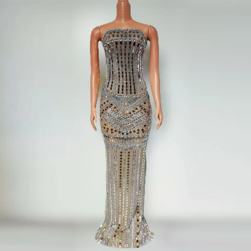 

Full Mirrors Rhinestones Evening Dress Women Singer Party Outfit Bar Nightclub Dj Ds Gogo Costume Stage Catwalk Wear XS9579