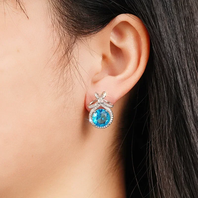 2026 New Sea Blue Zircon High End Women's Geometric Earrings Design Elegant Atmosphere Jewelry for Attending Banquets