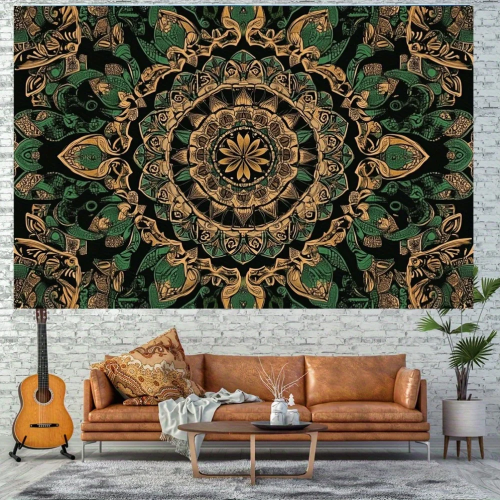 1pc Tapiz de poliéster bohemio, diseño floral verde y paisley, colgante de pared rústico para inauguración de casa, aniversario,